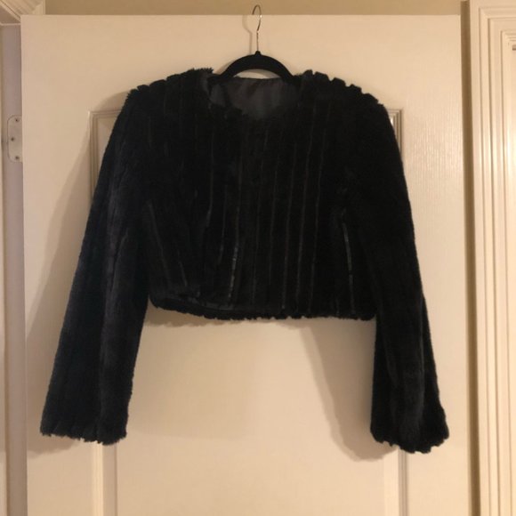 Vintage Faux Fur Cropped Black Jacket with Sequins - Picture 3 of 7